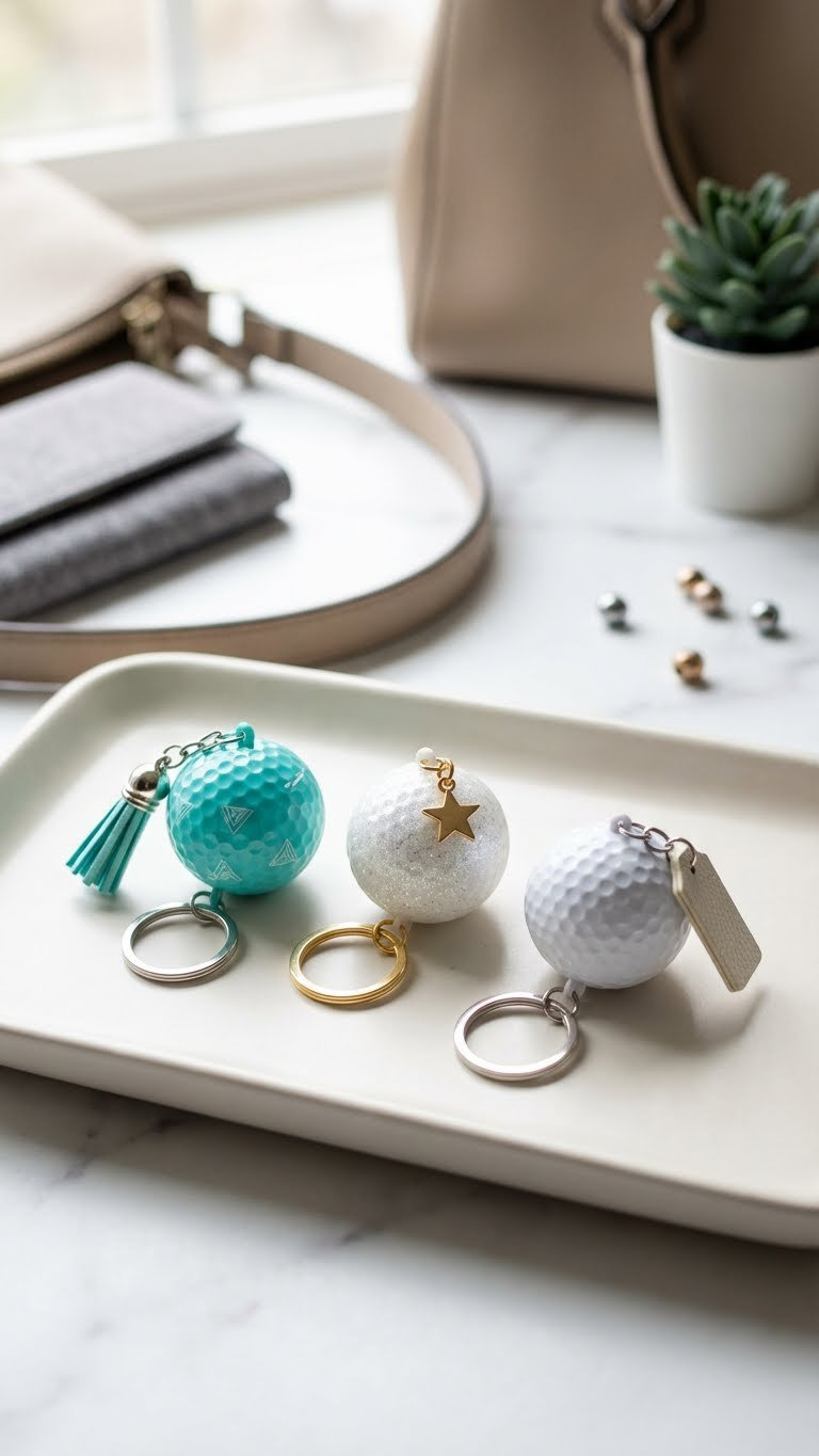 Fashionable Plastic Golf Ball Keychains In Teal, Glitter, Textured Finishes, On A Marble Tray With Blurred Accessories.