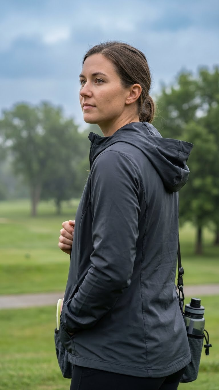 Female Disc Golfer In A Sleek Grey Weather-Resistant Jacket, Looking Out Over A Blurred Overcast Course, Ready For Play.