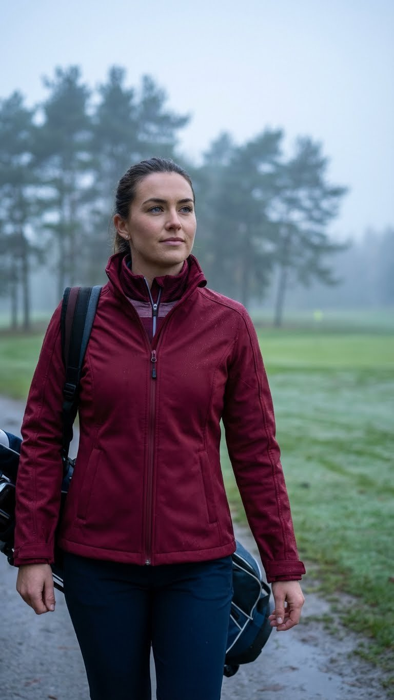 Female Golfer In A Bright Blue Windproof Waterproof Golf Jacket, Confidently Walking A Misty Course With A Golf Bag.