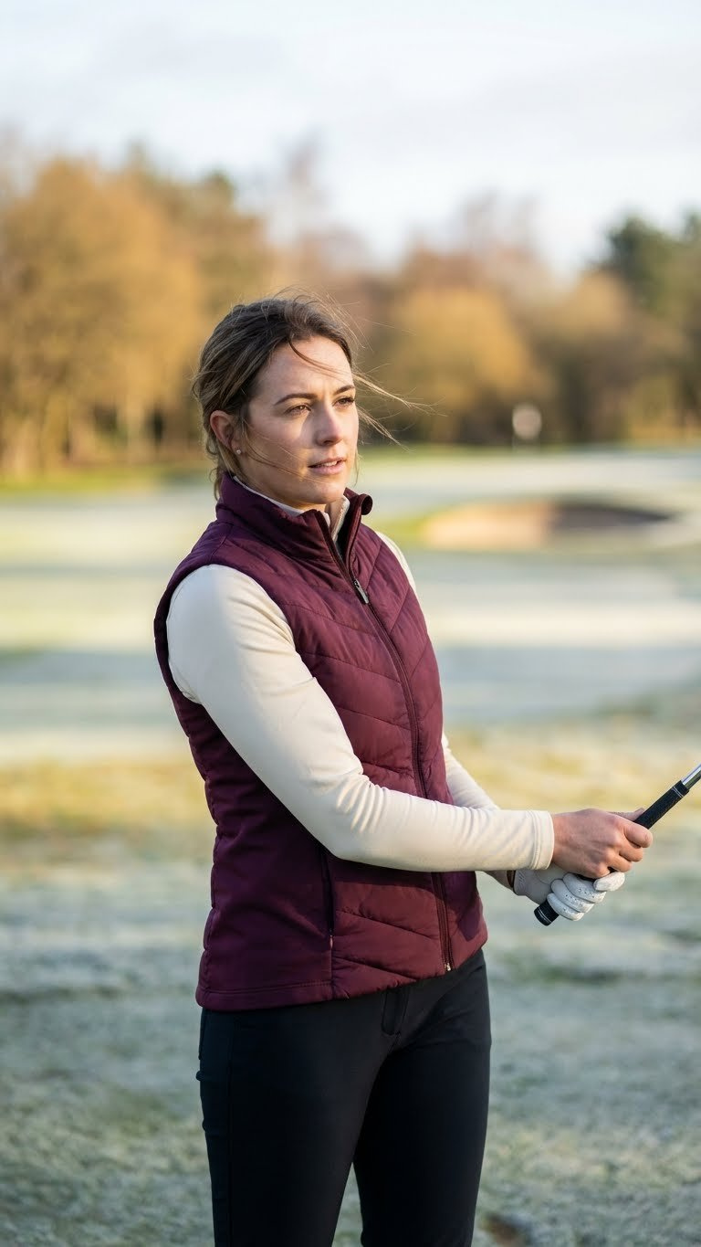 Female Golfer In A Burgundy Quilted Insulated Golf Vest, Active Pose On A Chilly Course, Ready For Cold Weather Play.