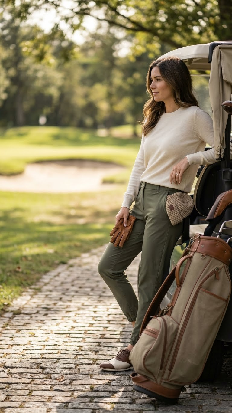 Female Golfer In Chic Tapered Olive Golf Pants And Knit Sweater, Leaning On Cart, Showcasing Modern Golf Course Elegance.
