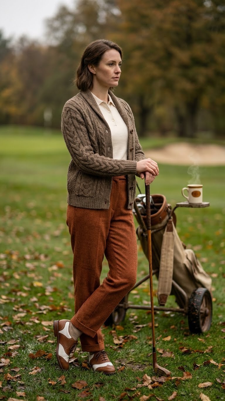 Female Golfer In Cozy Autumn Retro Golf Outfit: Cable-Knit Cardigan, Tailored Trousers, Saddle Shoes. Overcast, Leaf-Strewn Fairway.