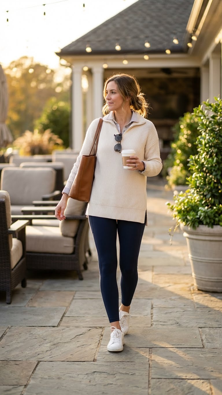 Golfing Outfits For Women Leggings: The Ultimate Style Guide Female Golfer In Sleek Golf Leggings And Tunic, Transitioning From Course To Clubhouse Patio, Casual Athletic Lifestyle Fashion.