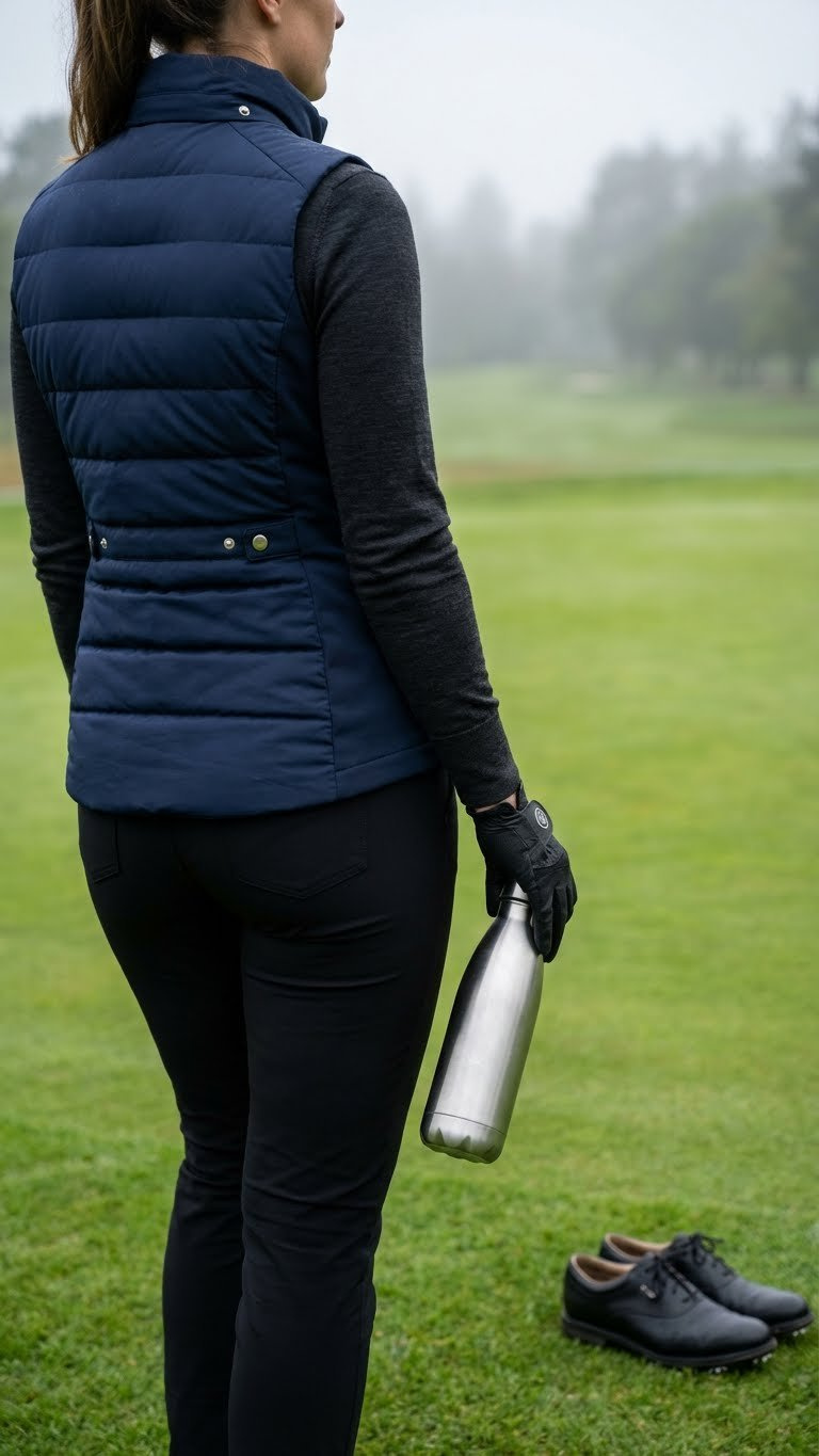 Golfing Outfits For Women Baddie: 9 Stunning Looks Female Golfer In Sleek Puffer Vest, Long-Sleeve Base Layer, Black Trousers On Damp Golf Green.