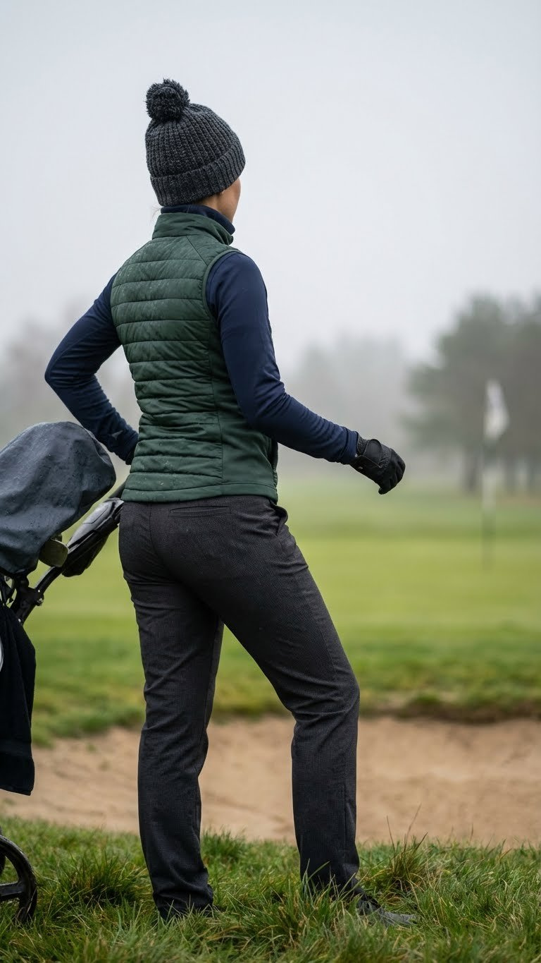 Female Golfer In Weather-Resistant Tech Golf Pants, Base Layer, And Vest, Prepared For Cooler Conditions On Course.