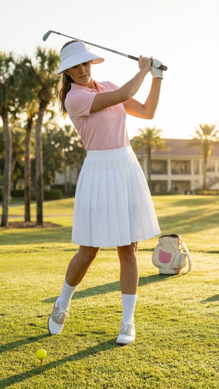 Female Golfer Mid-Swing In A Preppy Retro Golf Outfit: Pleated Skirt, Crisp Polo, Visor, White Athletic Socks. Sunny Golf Course With Palm Trees.