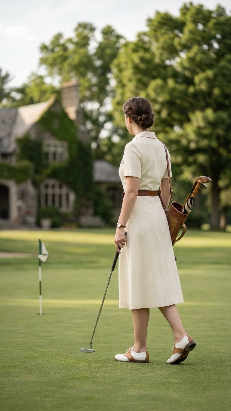Female Golfer Walking On Putting Green In A Timeless Vintage Cream Golf Dress With Belt, Elegant Shoes. Historic Clubhouse Background.