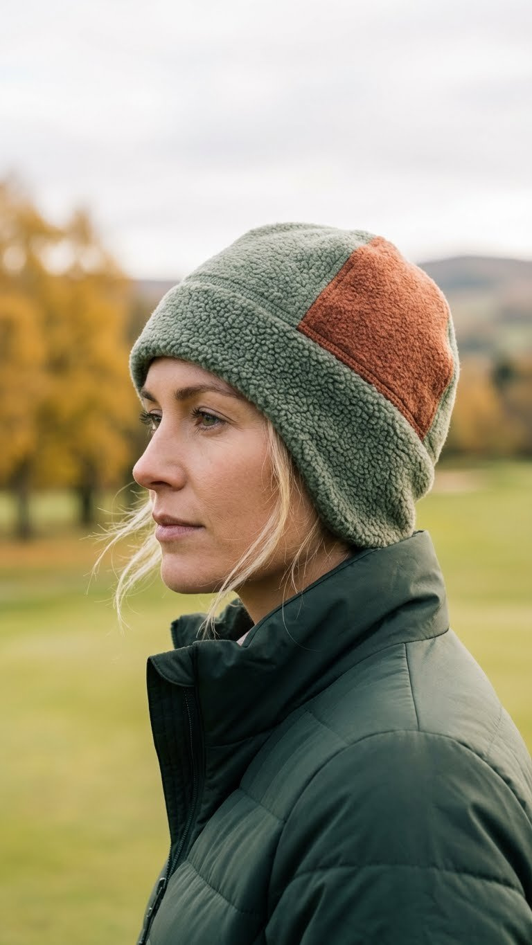 Female Golfer Wearing A Stylish Thermal Golf Hat, Designed For Women'S Cold Weather Play On A Blurred Golf Course.