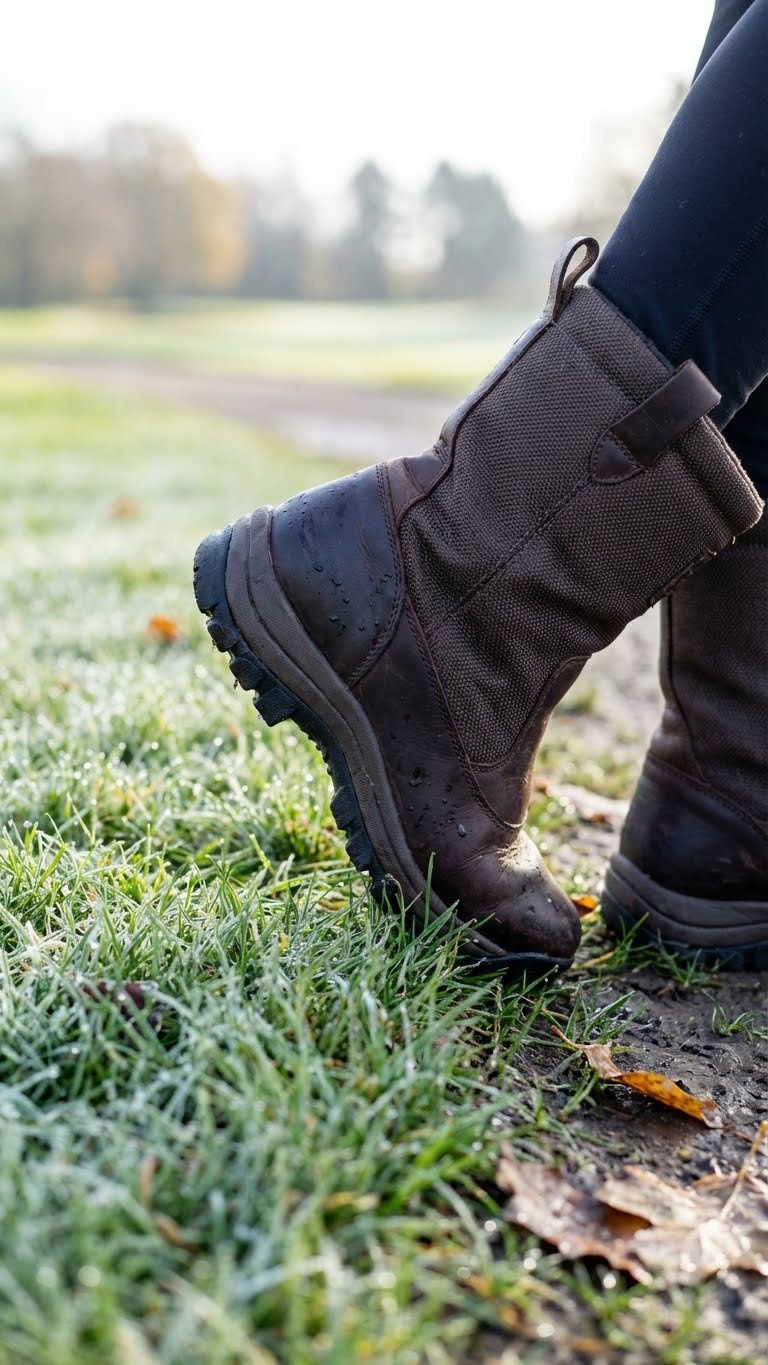 Female Golfer'S Feet In Sturdy Winter Golf Shoes, Showcasing Women'S Waterproof Golf Boots On A Frosty Course.