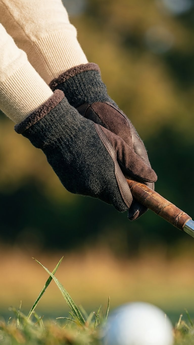 Female Golfer'S Hands Gripping A Club In Dark Thermal Golf Mittens For Cold Weather, Showcasing A Secure Grip.