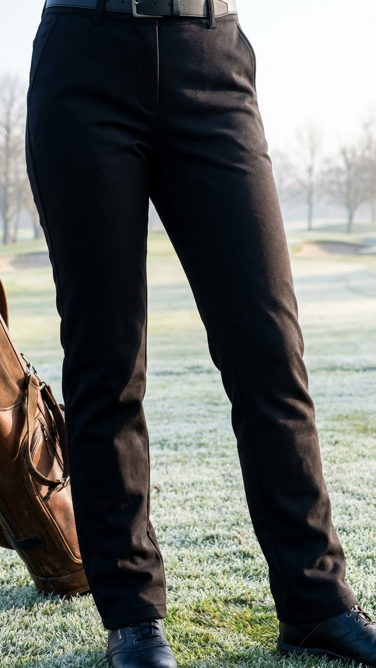 Female Golfer'S Legs In Black Insulated Golf Tights, Showcasing Women'S Winter Golf Pants On A Frosty Green Course.