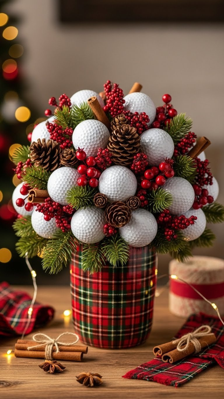 Golf Ball Bouquet: 9 Stunning Diy Ideas For The Ultimate Gift Festive Christmas Golf Ball Bouquet With White Golf Balls, Red Berries, Pine Cones, Evergreen In A Tartan Vase On A Rustic Table.