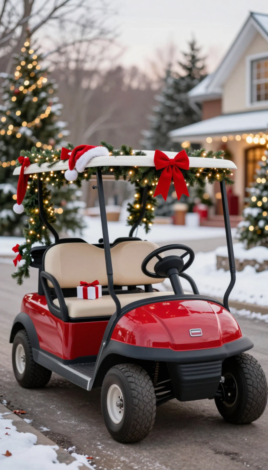 Festive Christmas Golf Cart Decorated With Evergreen Garlands, Twinkling Lights, And Red Bows In Snowy Landscape