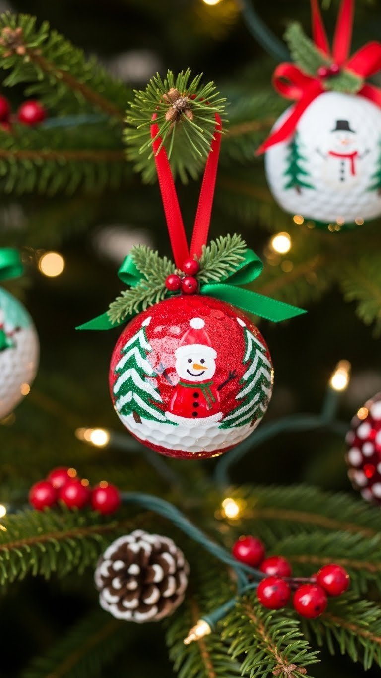 Festive Christmas Ornaments Featuring Painted Golf Balls With Glitter And Ribbons On Decorated Tree Branch