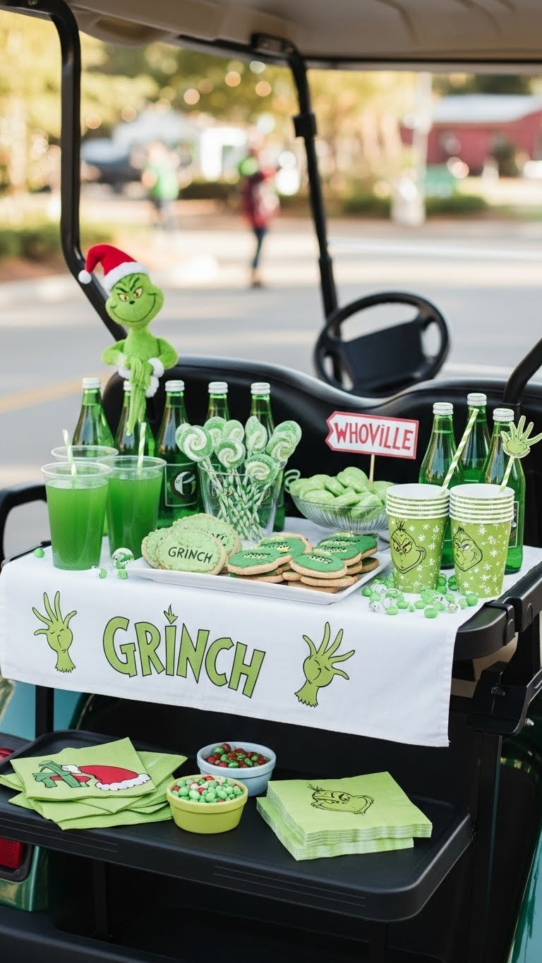 Festive Grinch-Themed Snack Station With Green Treats And Beverages Arranged On Rear Seat Of Golf Cart During Parade Celebrations.