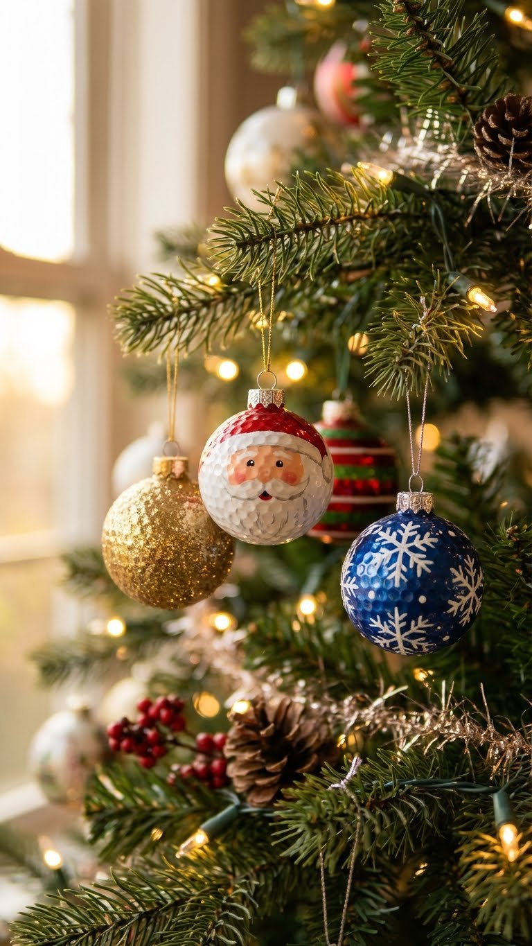 Festive Golf Ball Christmas Ornaments, Including Santa, Glitter, And Snowflake Designs, Hang From A Softly Lit Tree.