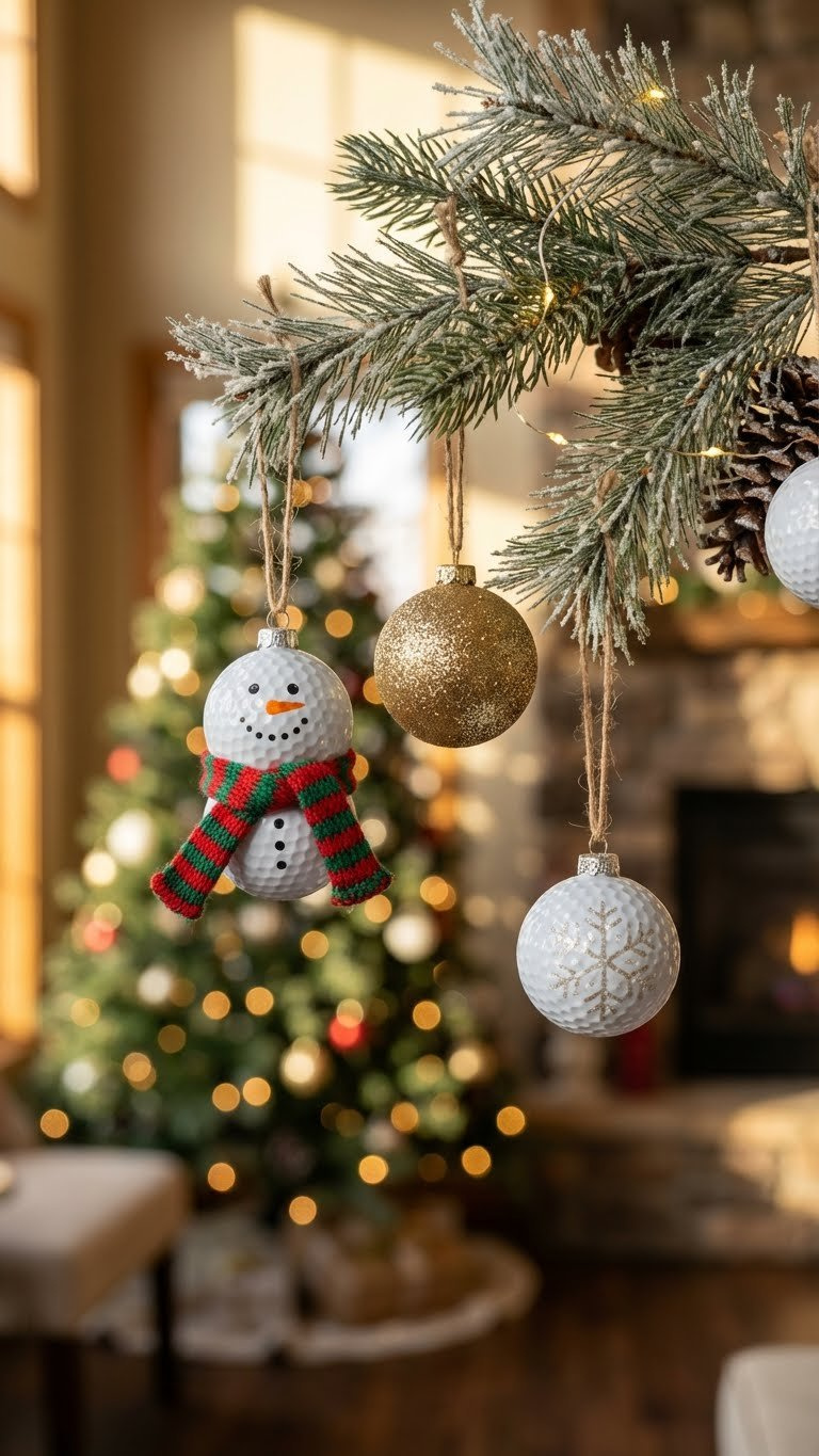Essential Golf Ball Crafts: 13 Birthday Gifts That Impress Festive Golf Ball Christmas Ornaments, Painted As Snowman And Snowflake, Hang From Evergreen Branches With Twinkling Lights.