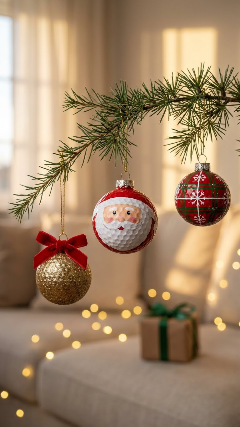 9 Proven Golf Ball Crafts For Dad: Essential Diy Gifts Festive Golf Ball Ornaments With Santa And Glitter Designs Hang From An Evergreen Branch, Perfect For Unique Christmas Golf Decor.