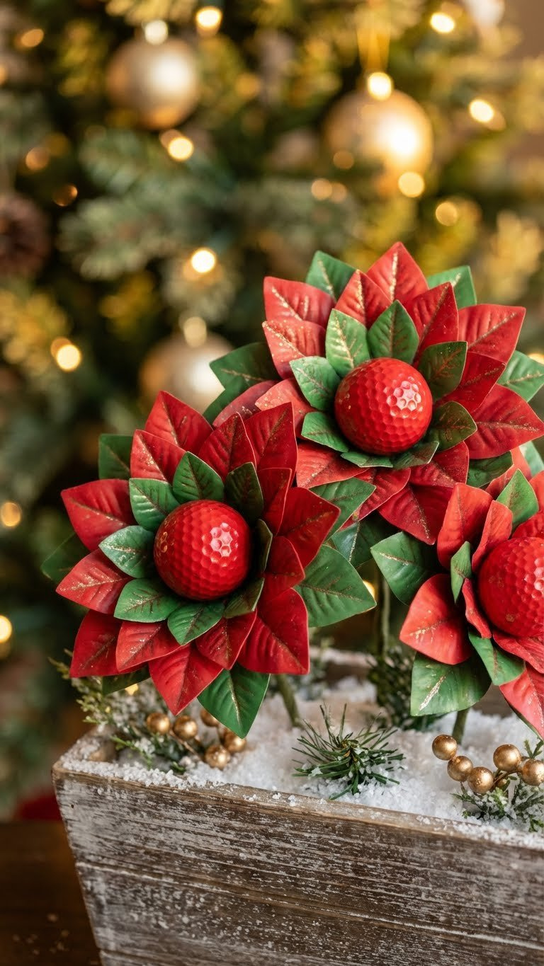 Festive Golf Ball Poinsettia Accents Featuring Red Golf Balls And Glittered Petals, Nestled In Faux Snow With Blurred Christmas Decor.