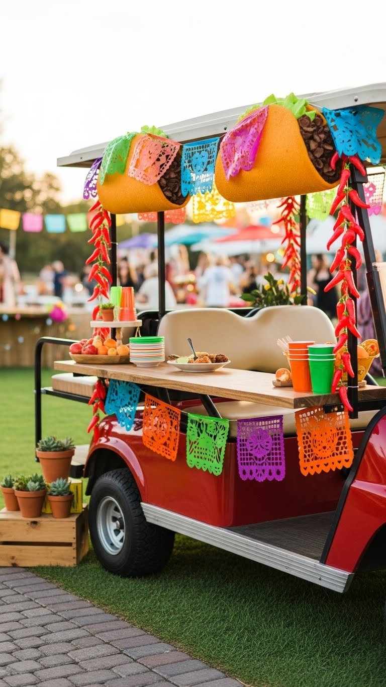 Festive Taco Truck Golf Cart With Colorful Papel Picado Banners And Rustic Wooden Counter In Warm Earthy Tones