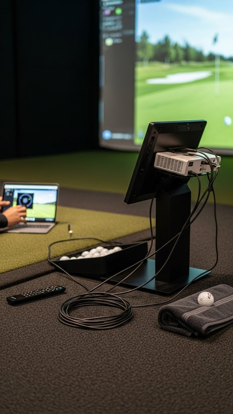 Final Setup Of Home Golf Simulator With Launch Monitor Calibration, Projector Display, And Neatly Managed Cables.