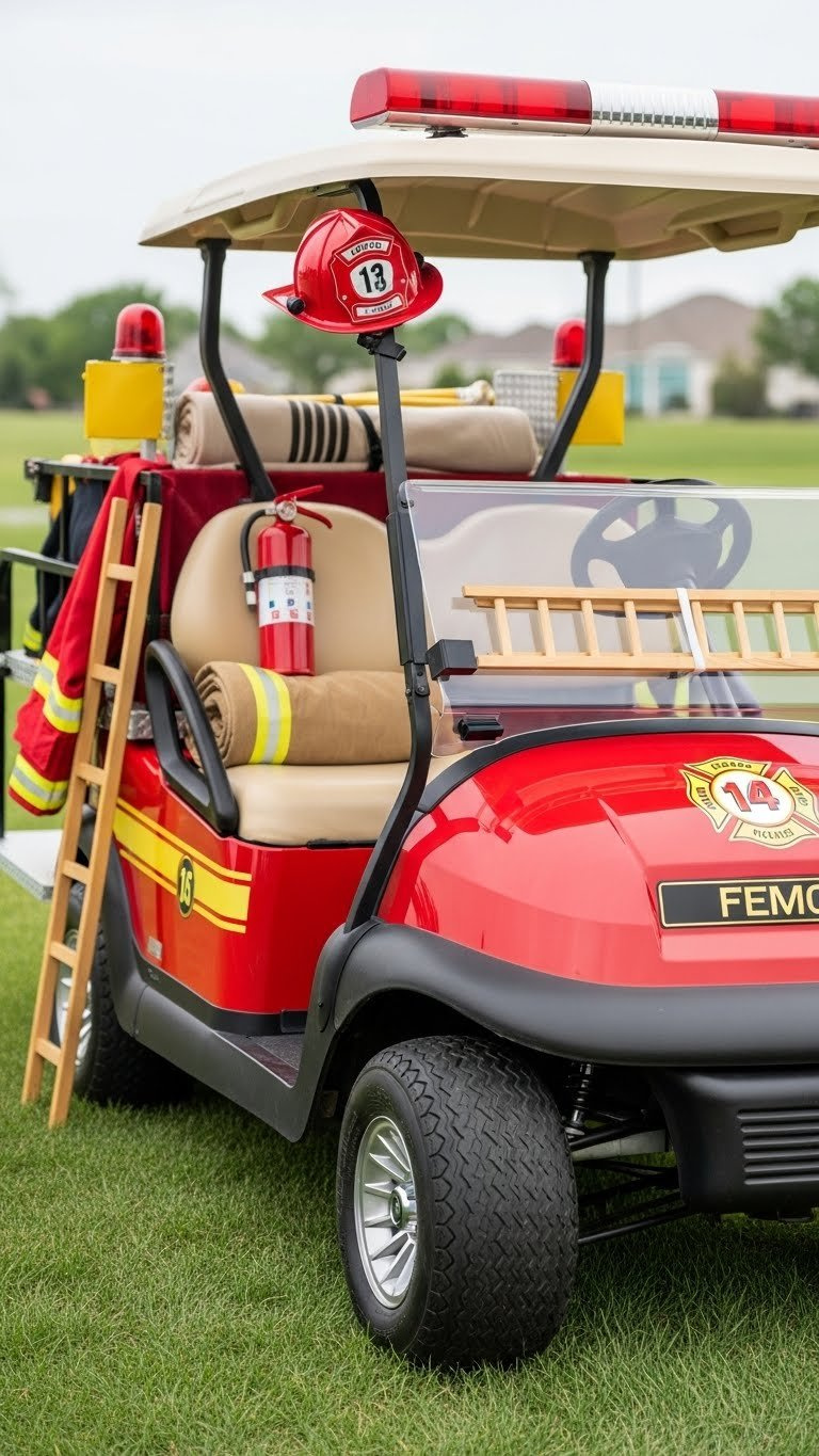 Fire Truck Golf Cart Decorated With Firefighter Props Including Helmet And Toy Extinguisher On Grass