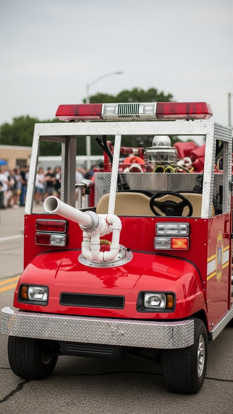 Fire Truck Golf Cart With Pvc Pipe Water Cannon Mounted On Bright Cherry Red Body
