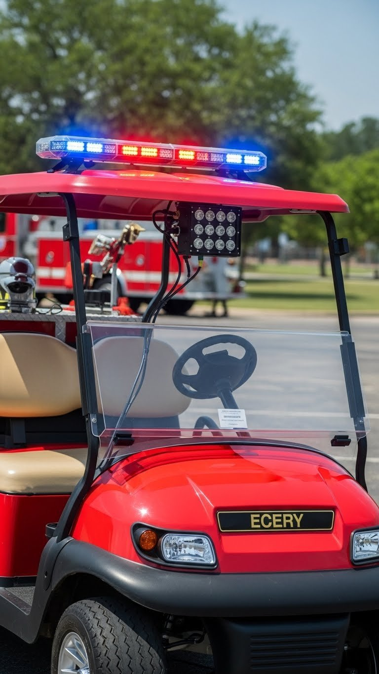 Fire Truck Golf Cart With Flashing Led Strobe Light Bar And Blue-Red Lights Mounted On Roof