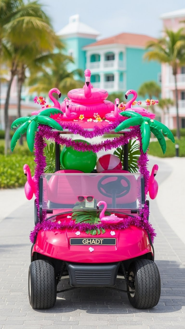 Flamingo Themed Golf Cart Covered In Pink Decor And Palm Fronds On Resort Pathway