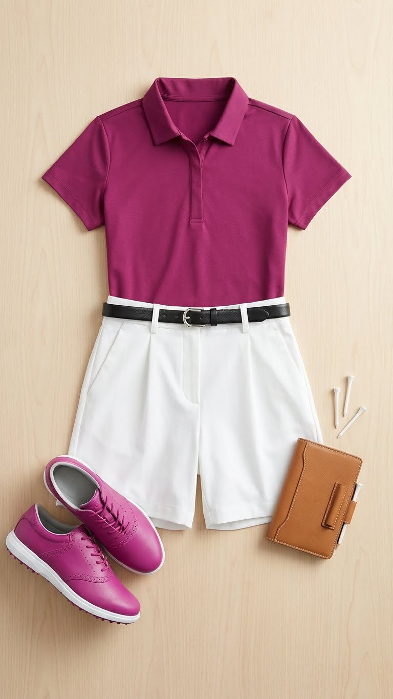 Golf Outfits For Women Shorts: Ultimate Style &Amp; Comfort Guide Flat Lay: White High-Waisted Pull-On Golf Shorts With Bright Magenta Polo And Matching Spikeless Shoes. Color Blocked.