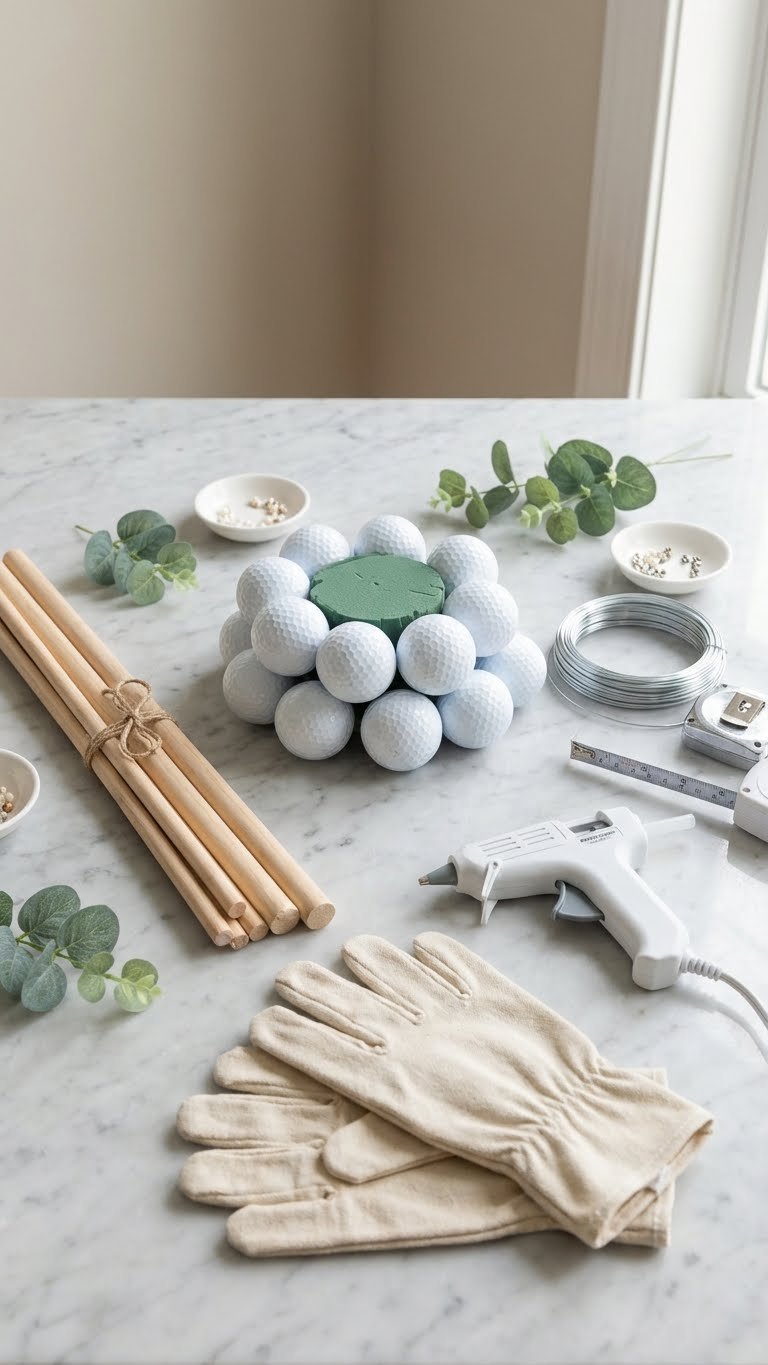 Flat Lay Of Diy Golf Ball Bouquet Craft Supplies: White Golf Balls, Wooden Dowels, Hot Glue Gun, Foam Base, Measuring Tape On Marble.