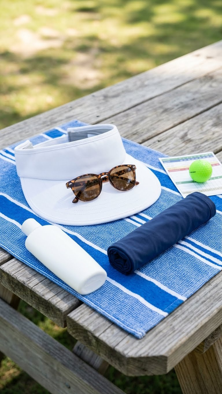 Flat Lay Of Golf Sun Protection Accessories: White Visor, Polarized Sunglasses, Spf Sunscreen, Uv Arm Sleeve, Golf Ball.