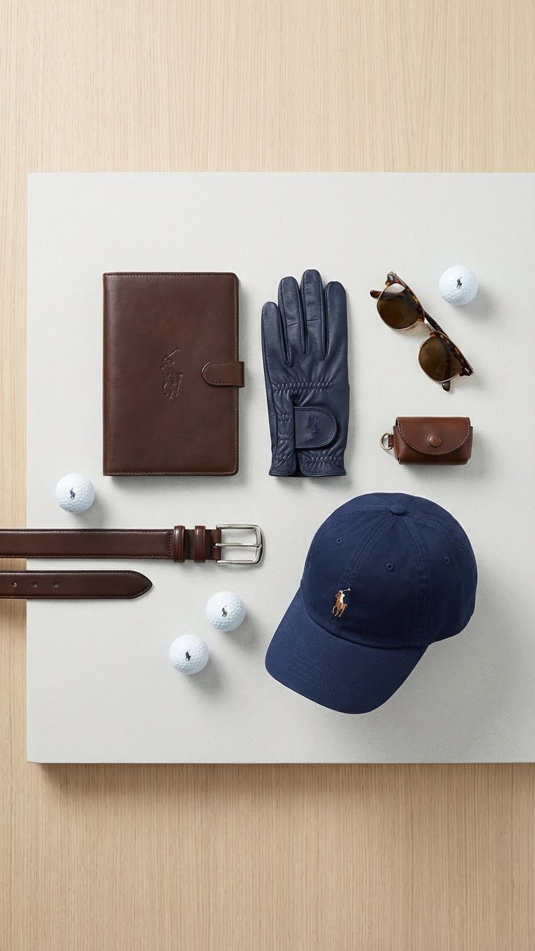 Flat Lay Of Luxury Ralph Lauren Golf Accessories: Leather Scorecard Holder, Glove, Cap, Belt, Showcasing Quality Materials.