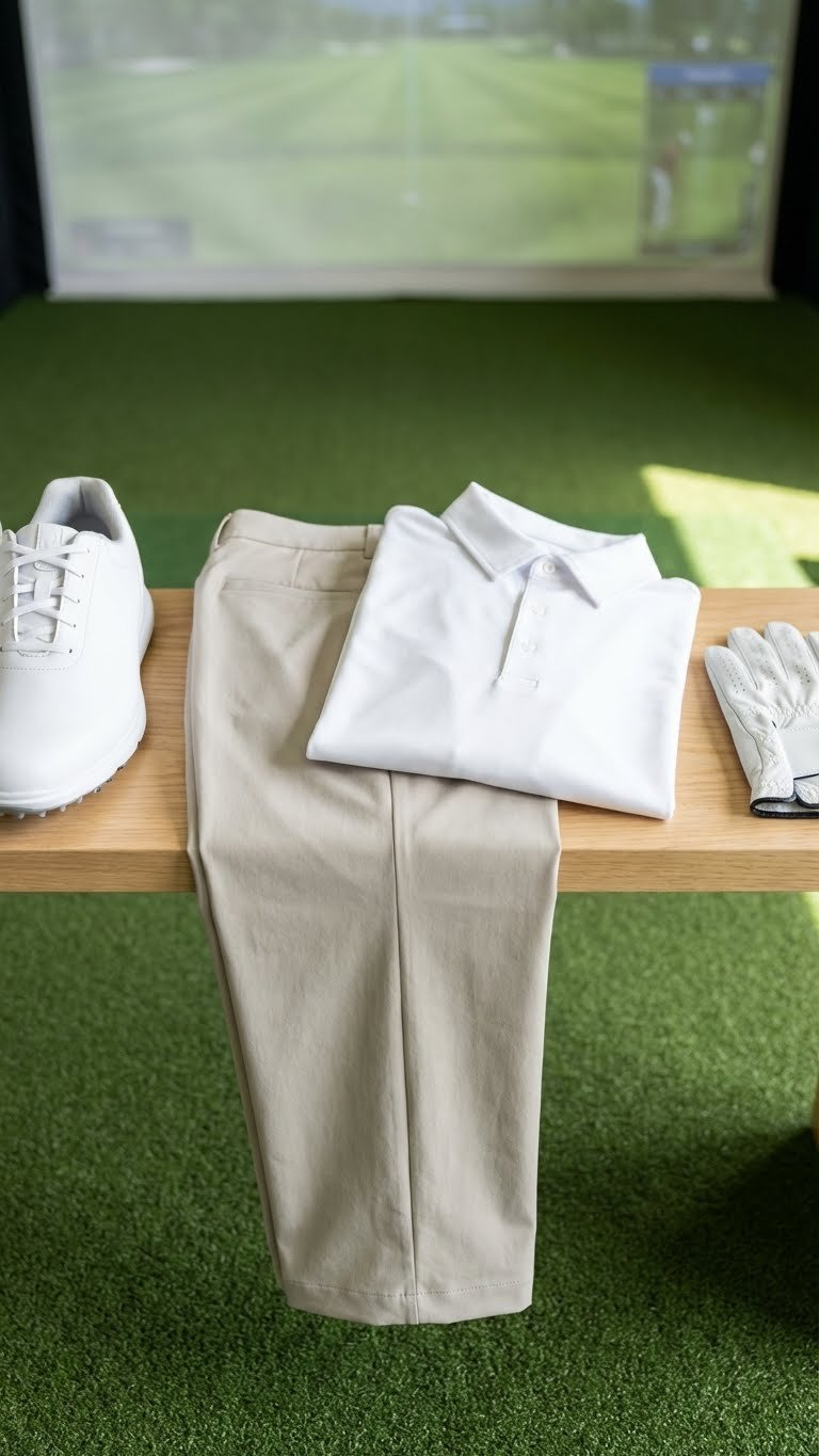 Flat Lay Of Men'S Indoor Golf Attire: Stone Moisture-Wicking Golf Trousers, White Performance Polo, Spikeless Shoe On Simulator Turf.