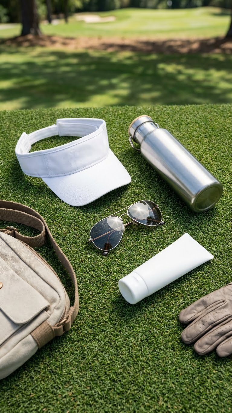Flat Lay Of White Visor, Aviator Sunglasses, Water Bottle, Sunscreen On Green Turf, Essential Golf Day Accessories.