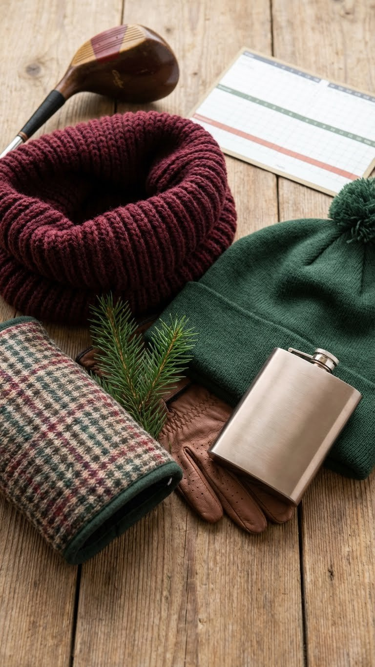 Flat Lay Of Women'S Cold Weather Golf Accessories: Snoods, Thermal Hats, Hand Warmer On A Rustic Table.