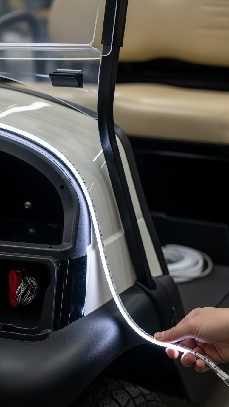 Flexible Led Light Strips Conforming To Golf Cart Curves Demonstrating Versatile Installation And Subtle Glow