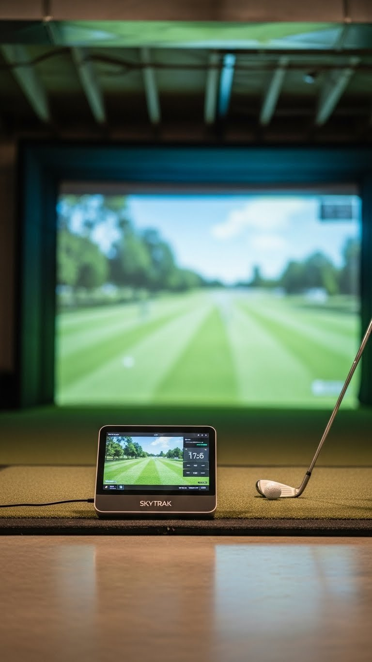 Floor-Mounted Golf Launch Monitor Next To Golf Ball On Hitting Mat With Soft Natural Lighting In Basement Simulator