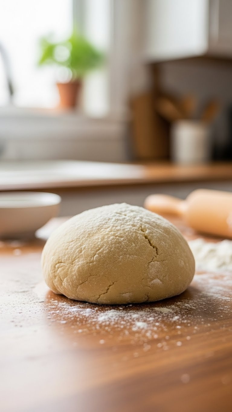 Floured Sugar Cookie Dough Ball Resting On Rustic Wooden Surface With Rolling Pin For Baking Preparation