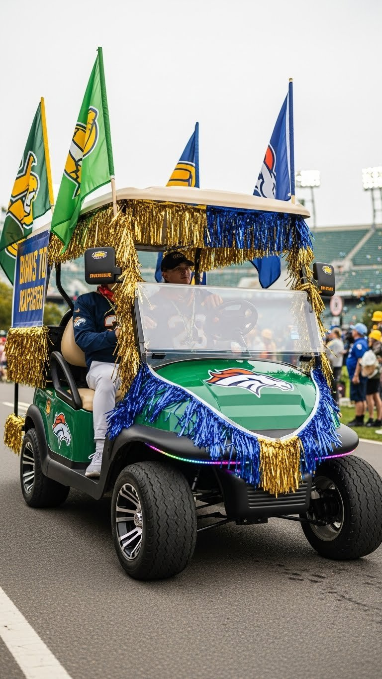 Football Team Themed Golf Cart Decorated With Vibrant Team Color Flags, Streamers, And Led Lights In A Parade Setting With Soft Stadium Background Blur.