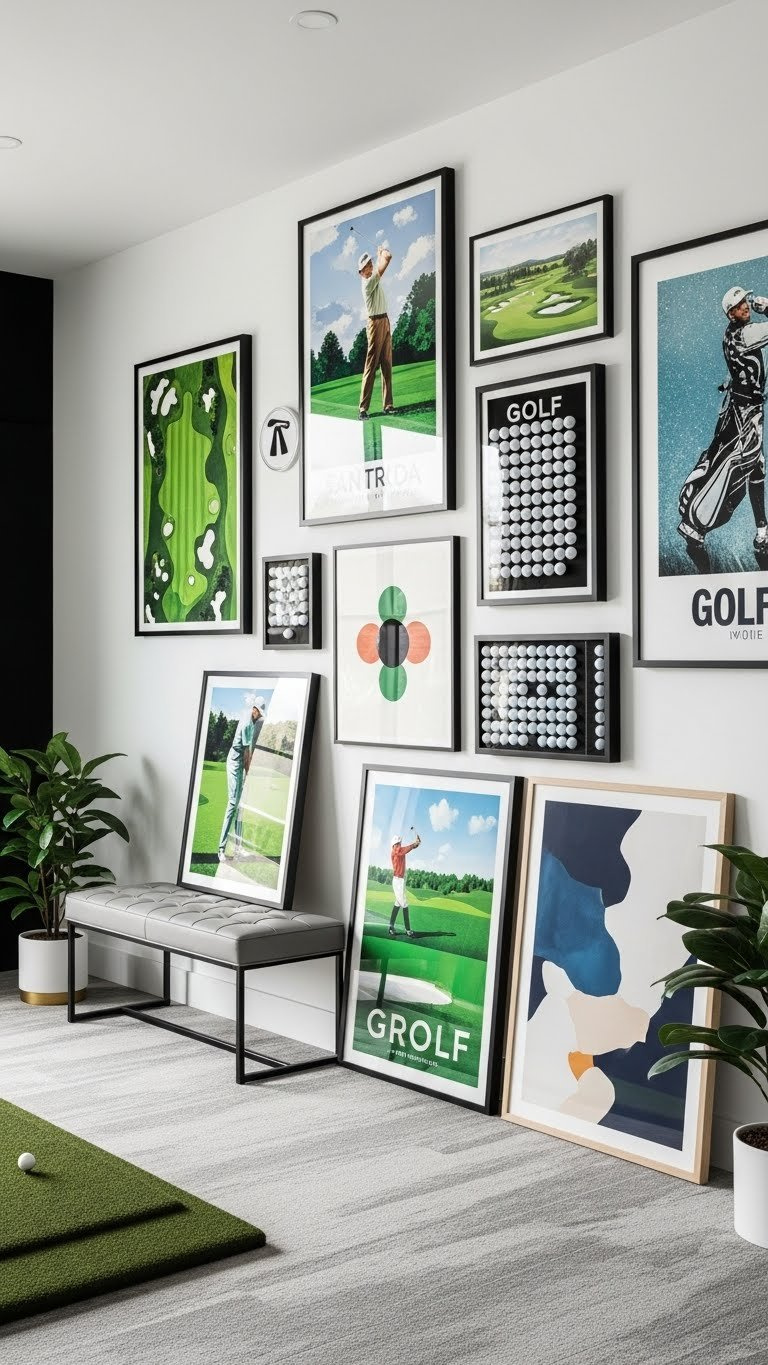 Golf Decor Ideas: 11 Ultimate Home Simulator Room Designs Framed Golf Wall Art, Including Golf Course Prints, Vintage Posters, Abstract Art, And A Golf Ball Display.