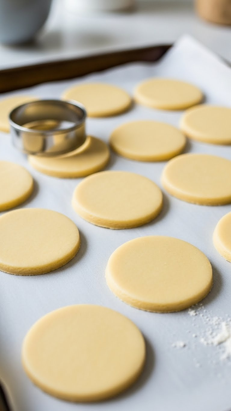 Freshly Cut Round Sugar Cookie Shapes Arranged On Parchment-Lined Baking Sheet With Cookie Cutter