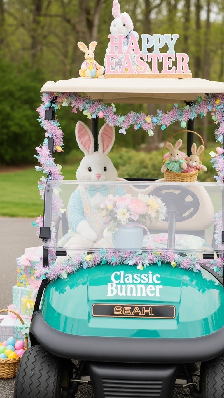 Front-Left View Of Easter Bunny Golf Cart Decorated With Pastel Tinsel, Stuffed Bunnies, And Colorful Easter Eggs In Lush Garden Setting