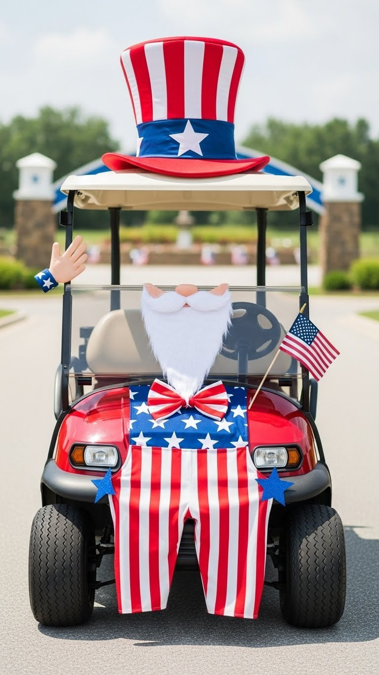 Front Of Golf Cart Decorated As Uncle Sam With Oversized Hat And Striped Pants For Labor Day