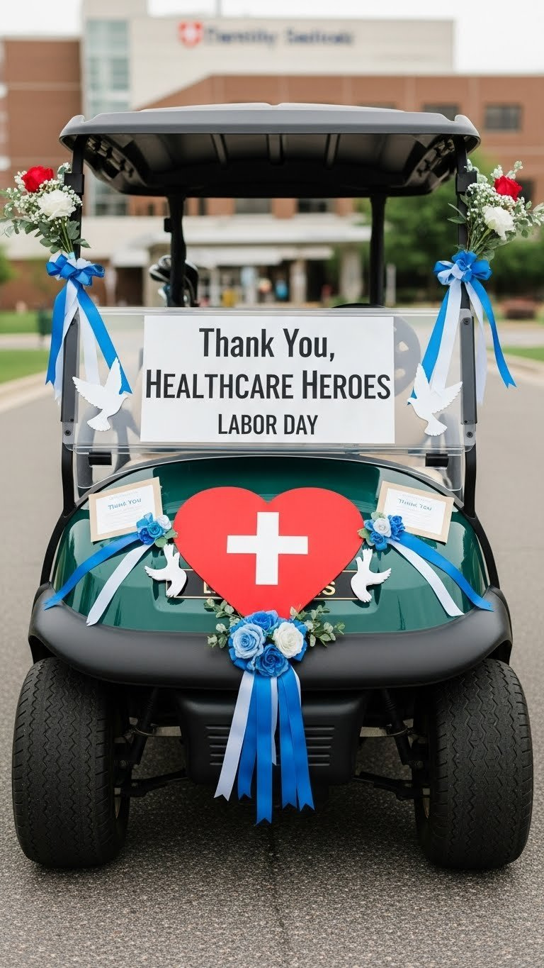 Front Of Golf Cart Featuring Healthcare Tribute With Heart Cutout And Medical Cross For Labor Day