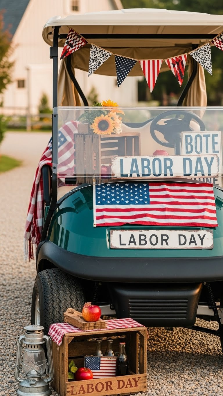 Front Of Golf Cart Featuring Vintage Americana Decor With Antique Flag And Wooden Crates For Labor Day