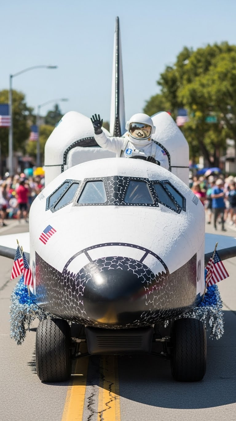 Front Portion Of Golf Cart Converted Into Detailed Space Shuttle Replica With Nose Cone And Cockpit Windows On Parade Route