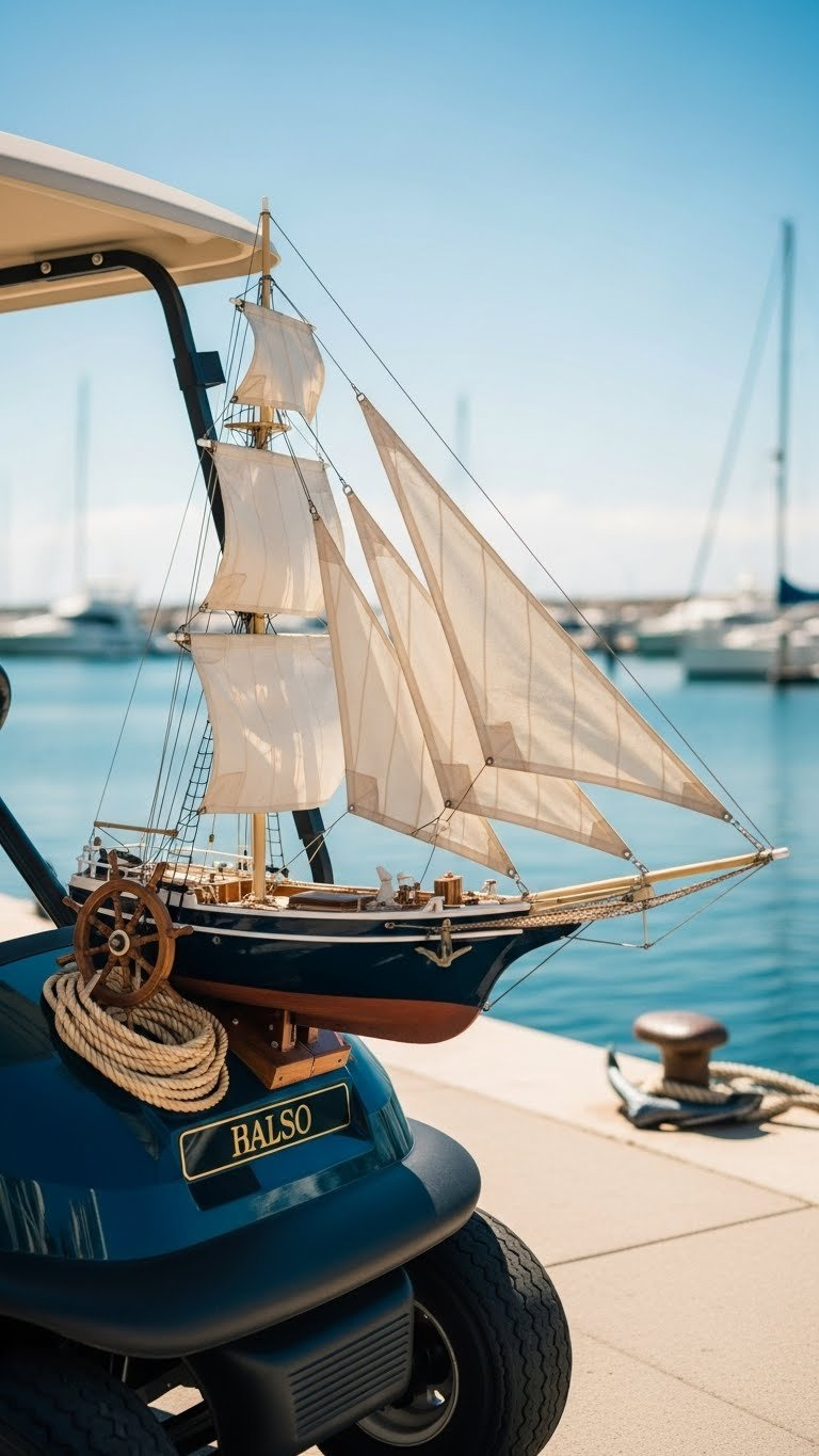 Front Portion Of Golf Cart Transformed Into Classic Sailing Ship With Miniature Mast, Billowing Sails, And Intricate Rigging Against Marina Background
