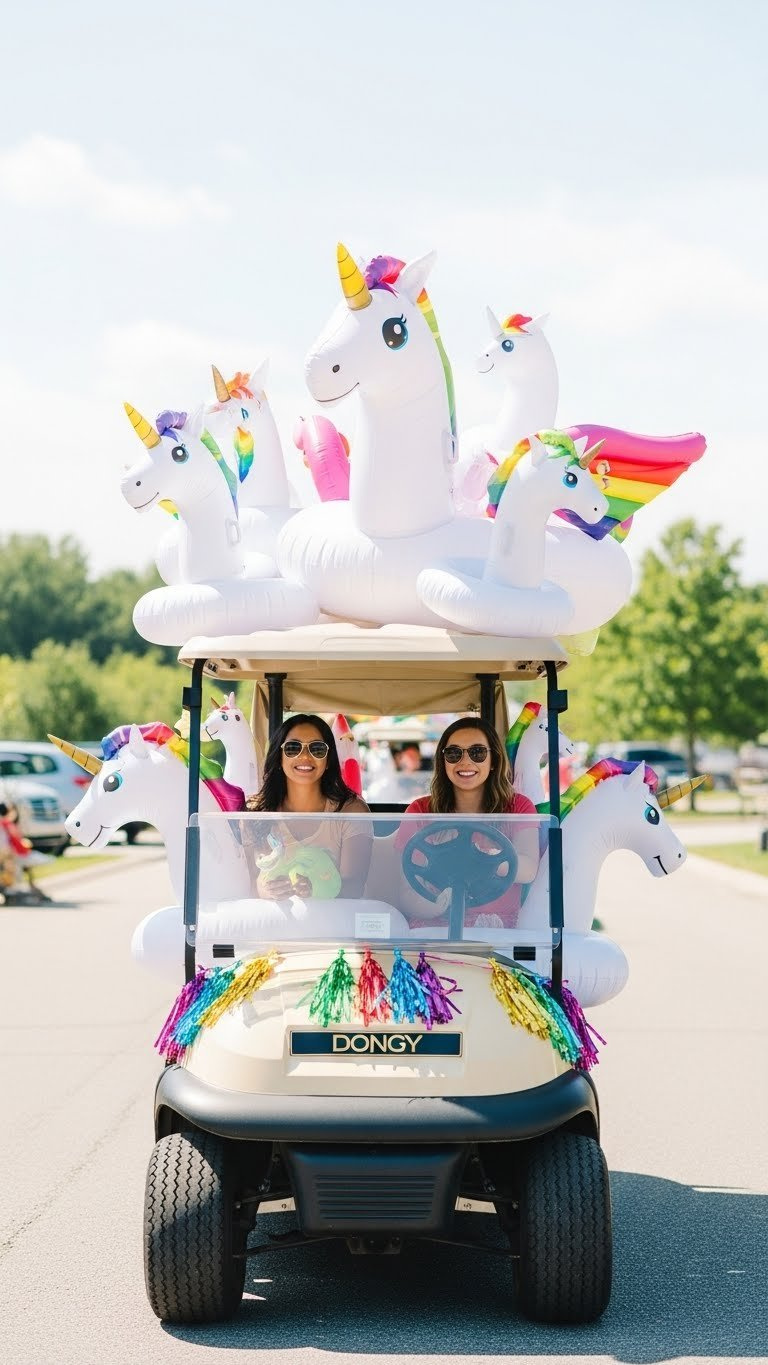 Front-Quarter View Of Golf Cart Covered In Cheerful Unicorn Inflatables For Festive Parade Atmosphere