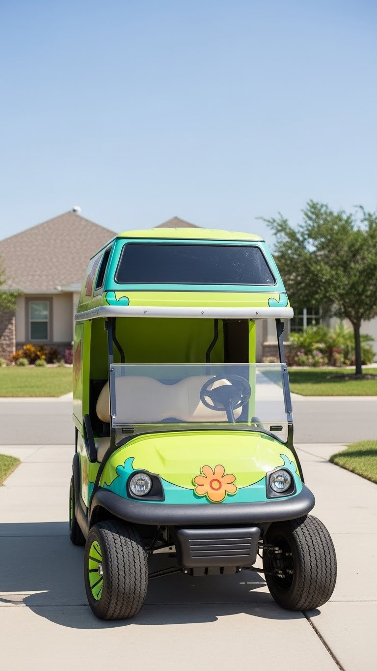 Front-Side View Of A Golf Cart With Custom Faux Van Top Mimicking The Mystery Machine Roofline On A Driveway